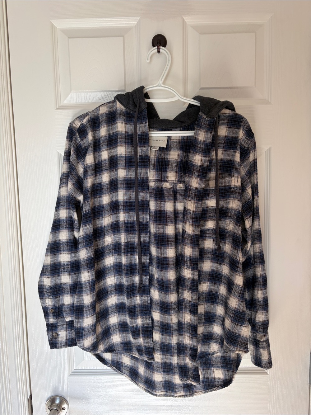American Eagle Outfitters Navy and White Plaid Hooded Button-Down Shirt